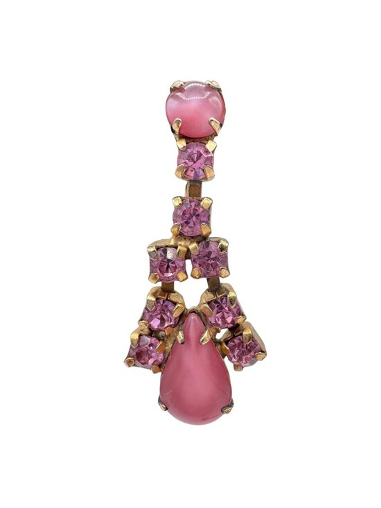 Unsigned Jewelry - Vintage Pink Rhinestone Dangle Drop Earrings Moonglow Mid-Century Glam